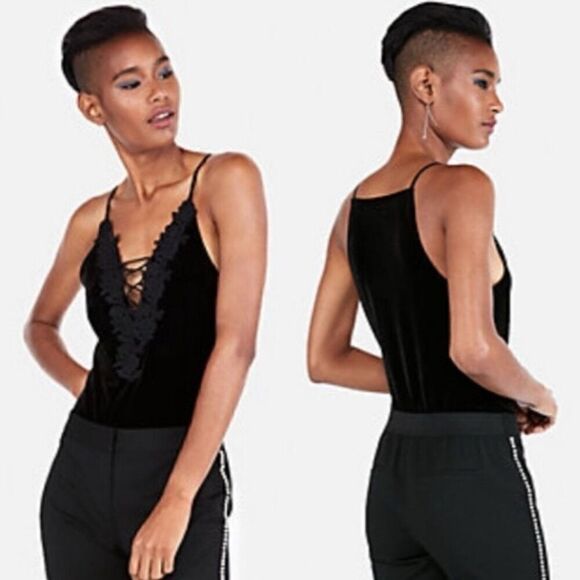 Express Black Velvet Stretchy Lace Up Bodysuit Sz Large Dark Romance Whimsigoth - Picture 2 of 8